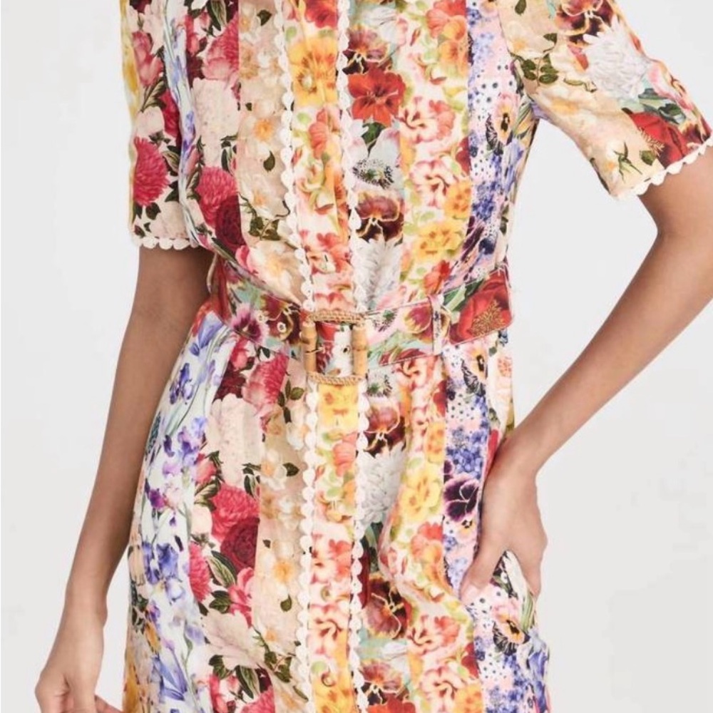 Zimmermann Linen Floral Patchwork Mini Dress Crochet Trim Multicolor NWT - Picture 2 of 11